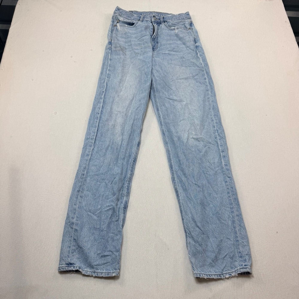 American Eagle Baggy Jeans Women 2 Light Wash Excellent High Waisted Frayed Hem